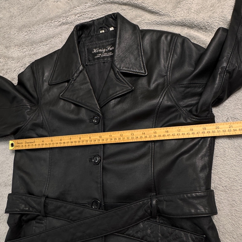 Henig Furs Genuine Leather Belted Trench Coat Womens Size Medium Black - Picture 10 of 14